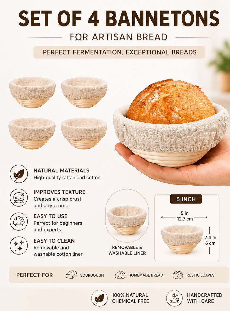 4 Pack 5-Inch Banneton Bread Proofing Baskets with Cotton Liners – Natural Rattan Sourdough Proofing Bowls for Artisan Bread Baking (Copia)