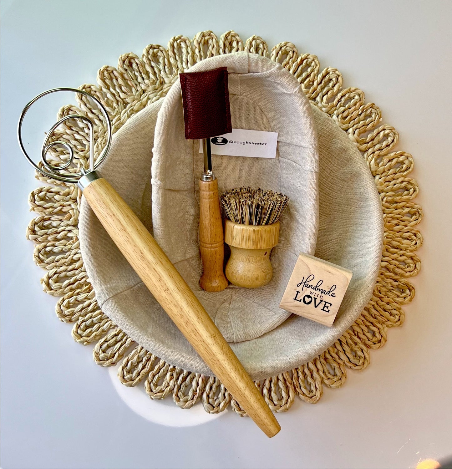 New Set Include: Banneton round 10” , Banneton Oval 9” , Whisk 13” , cleaning brush wood made and bamboo, lime bread 8”..