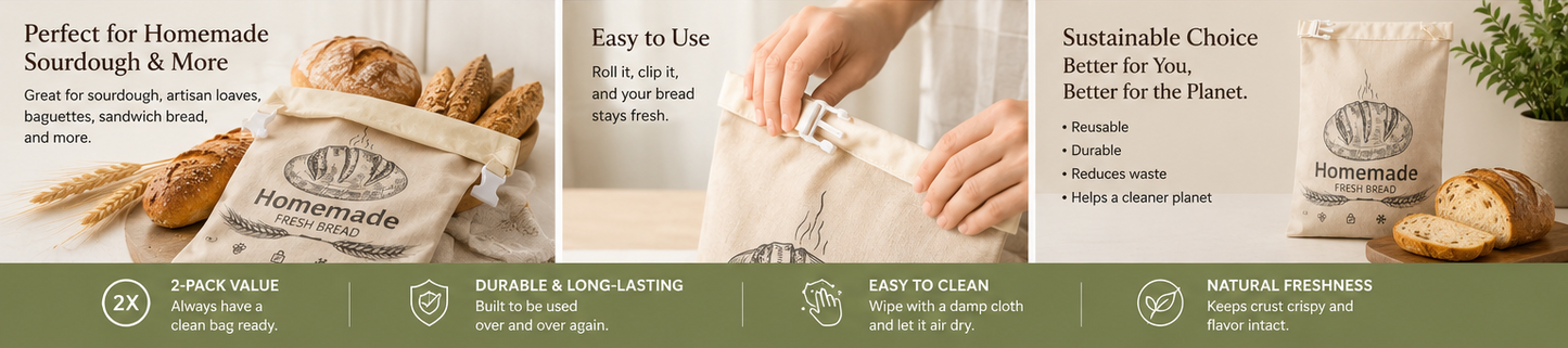 Premium 2-Pack Beeswax Bread Bags for Sourdough – Organic Linen Bread Storage Bags, Reusable, Plastic-Free, Keeps Bread Fresh Longer, Freezer Safe