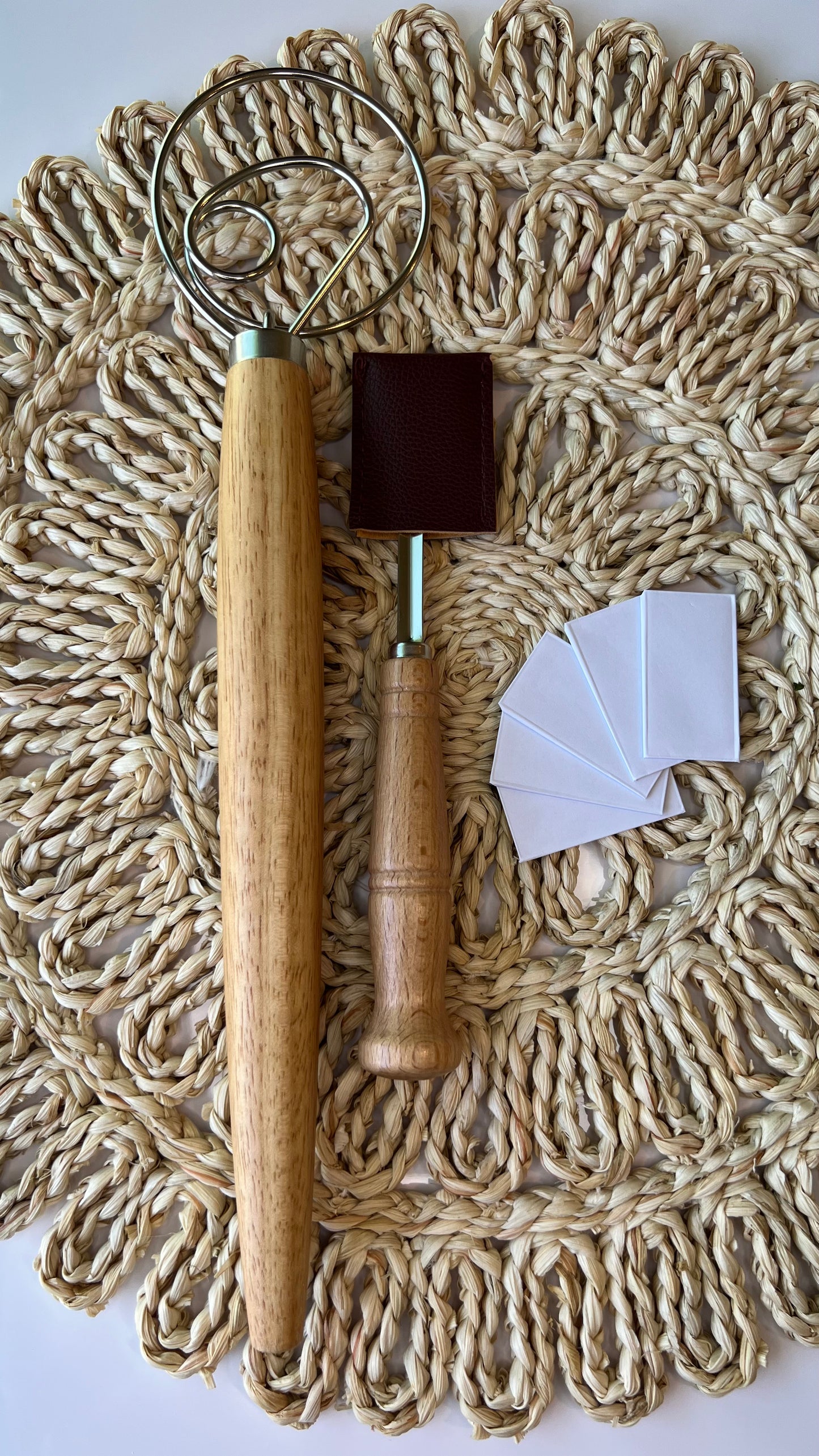 New Set Include: Banneton round 10” , Banneton Oval 9” , Whisk 13” , cleaning brush wood made and bamboo, lime bread 8”..