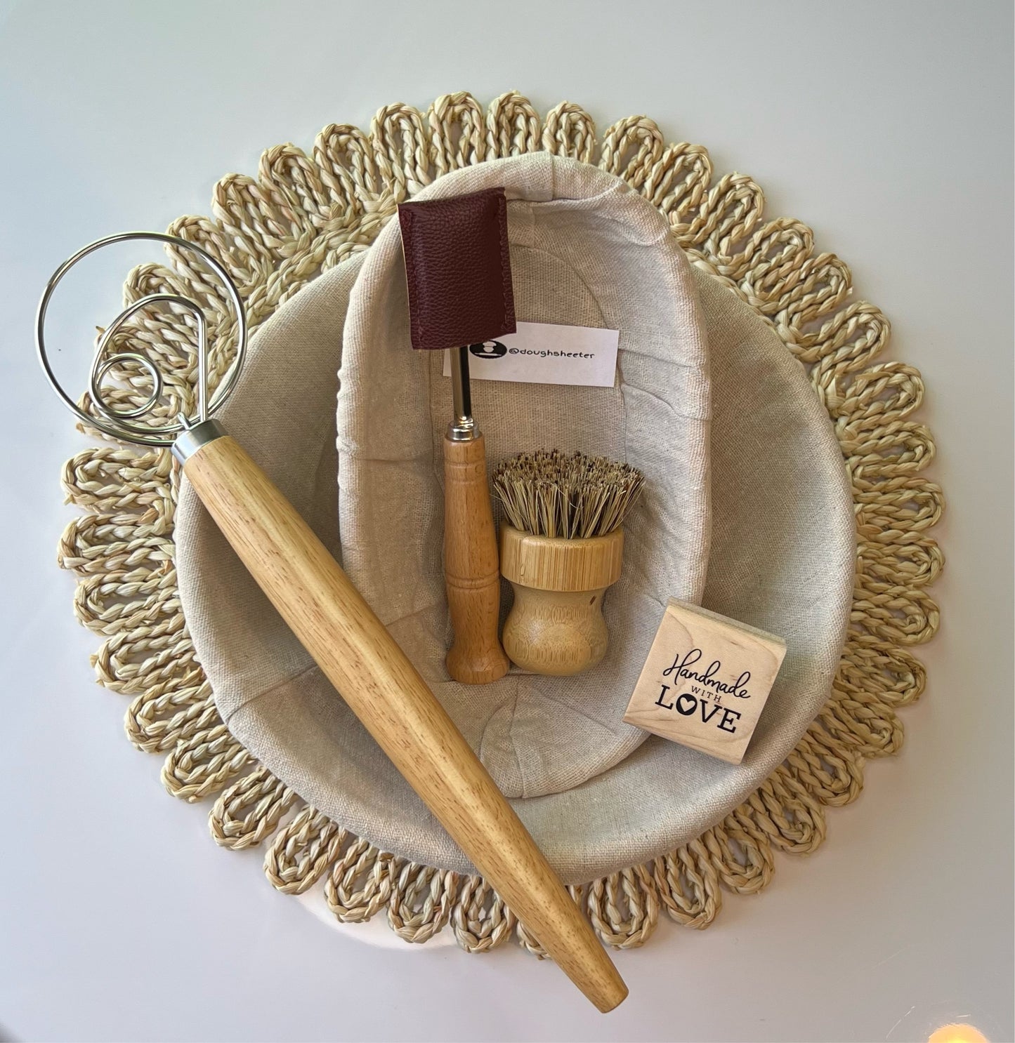 New Set Include: Banneton round 10” , Banneton Oval 9” , Whisk 13” , cleaning brush wood made and bamboo, lime bread 8”..
