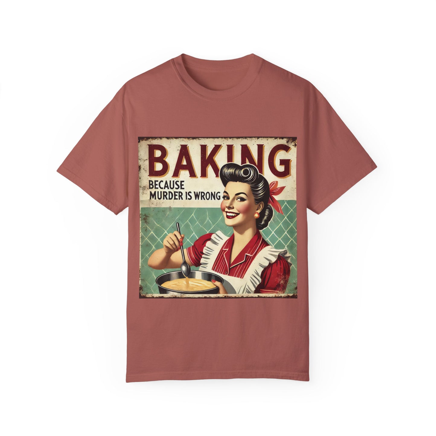 Retro Baking Humor T-shirt - "Baking Because Murder is Wrong"