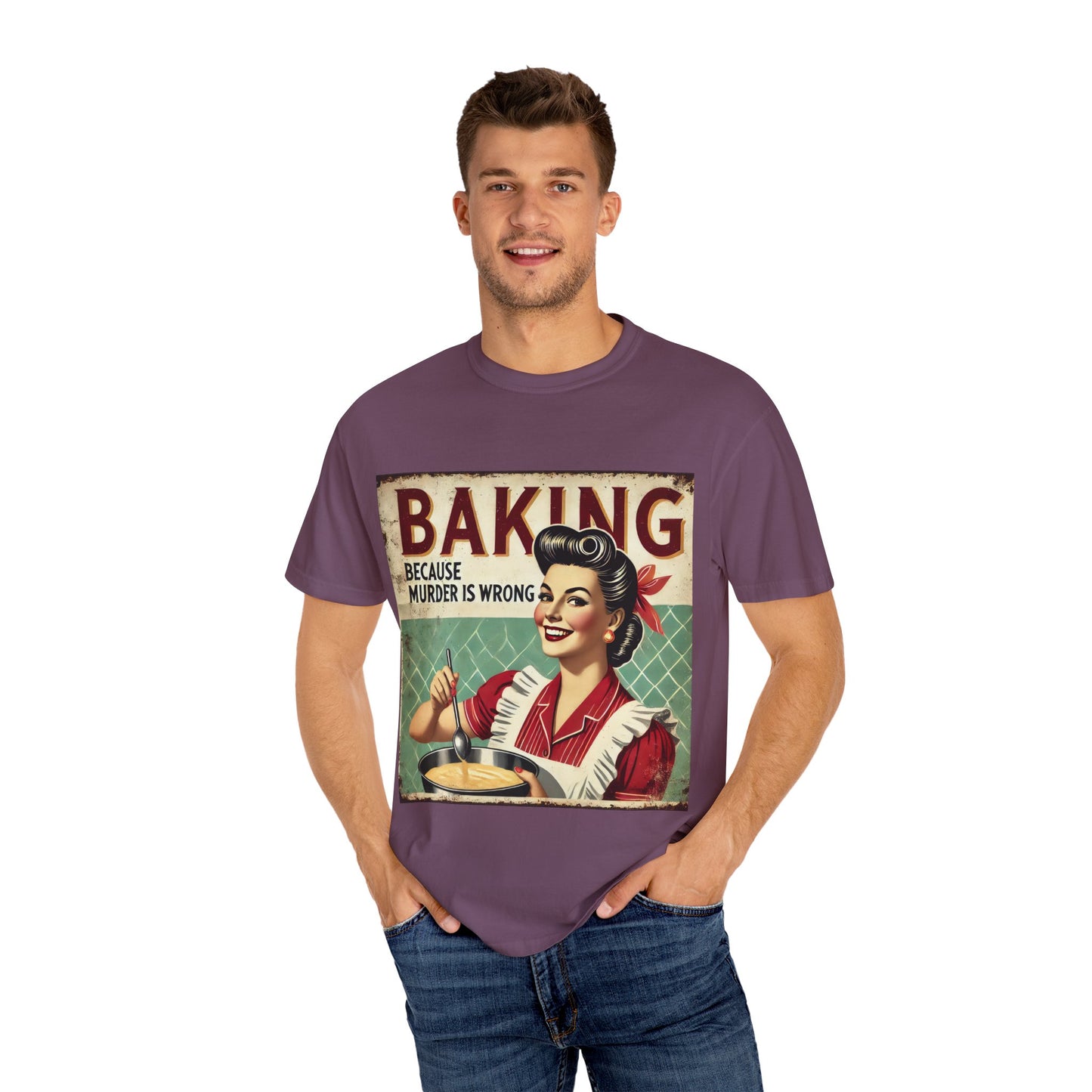 Retro Baking Humor T-shirt - "Baking Because Murder is Wrong"