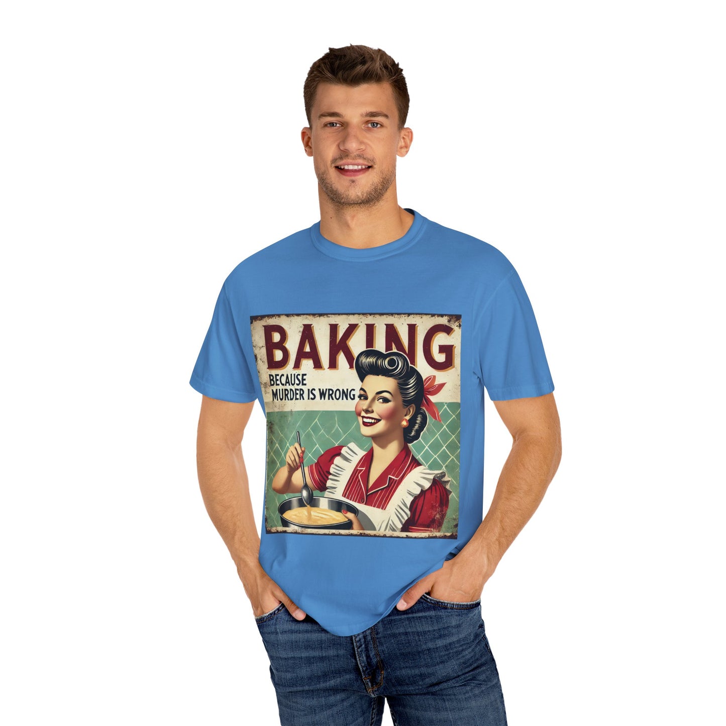 Retro Baking Humor Unisex T-shirt - 'Baking Because Murder Is Wrong'