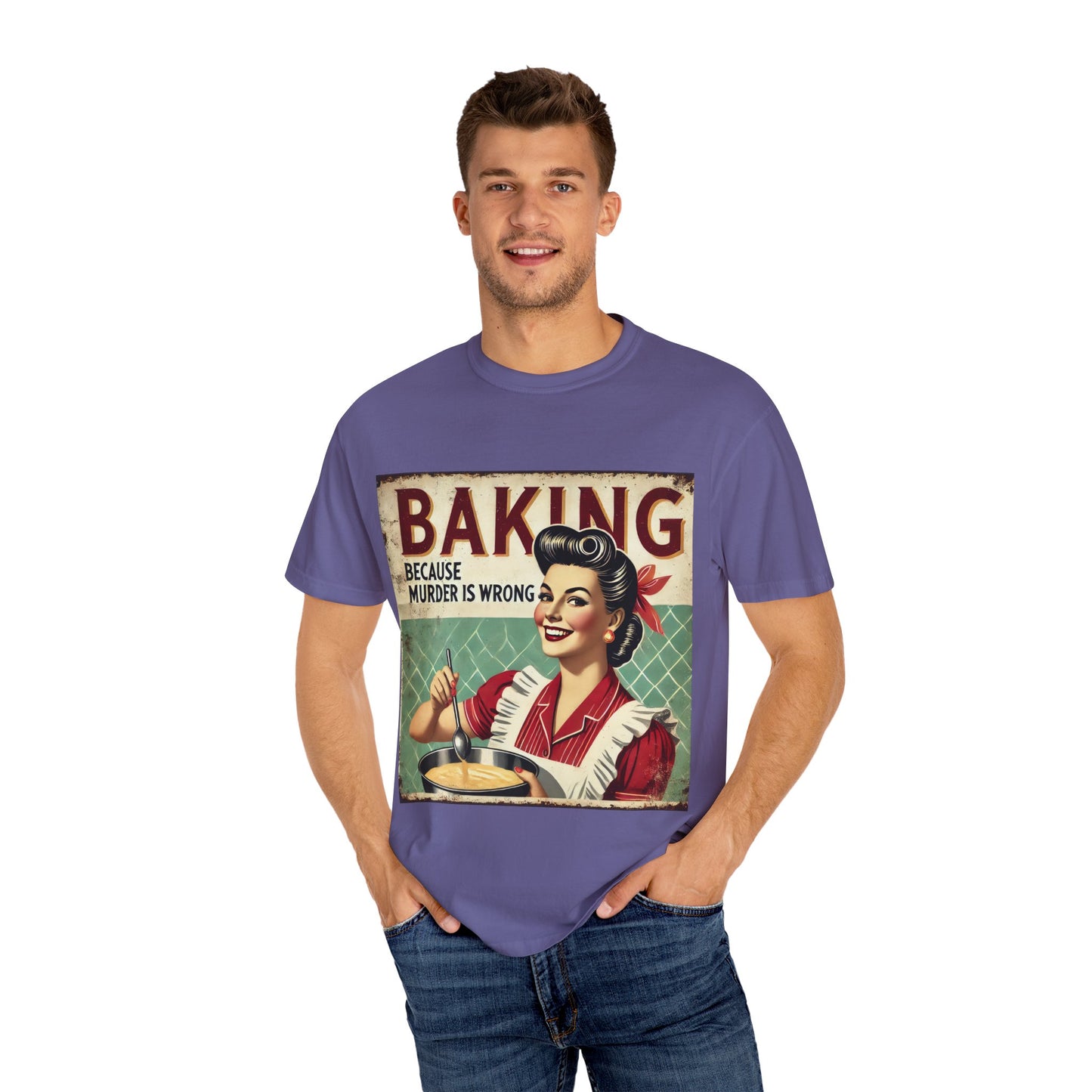 Retro Baking Humor T-shirt - "Baking Because Murder is Wrong"