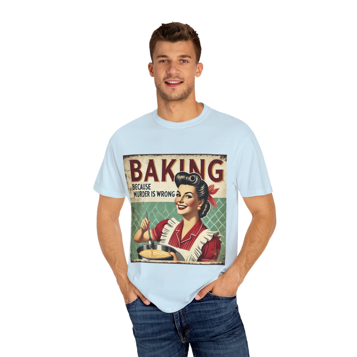 Retro Baking Humor Unisex T-shirt - 'Baking Because Murder Is Wrong'