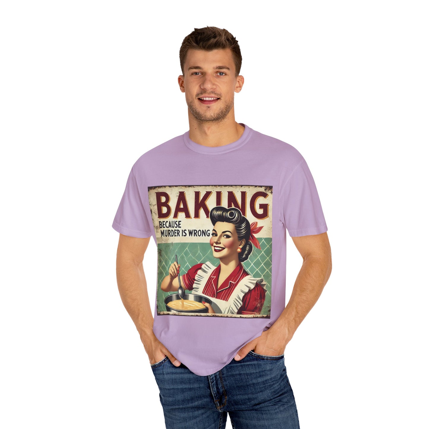 Retro Baking Humor T-shirt - "Baking Because Murder is Wrong"