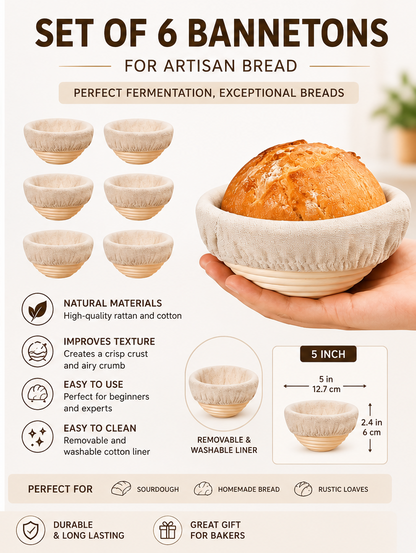 6 Pack 5-Inch Banneton Bread Proofing Baskets with Cotton Liners – Natural Rattan Sourdough Proofing Bowls for Artisan Bread Baking