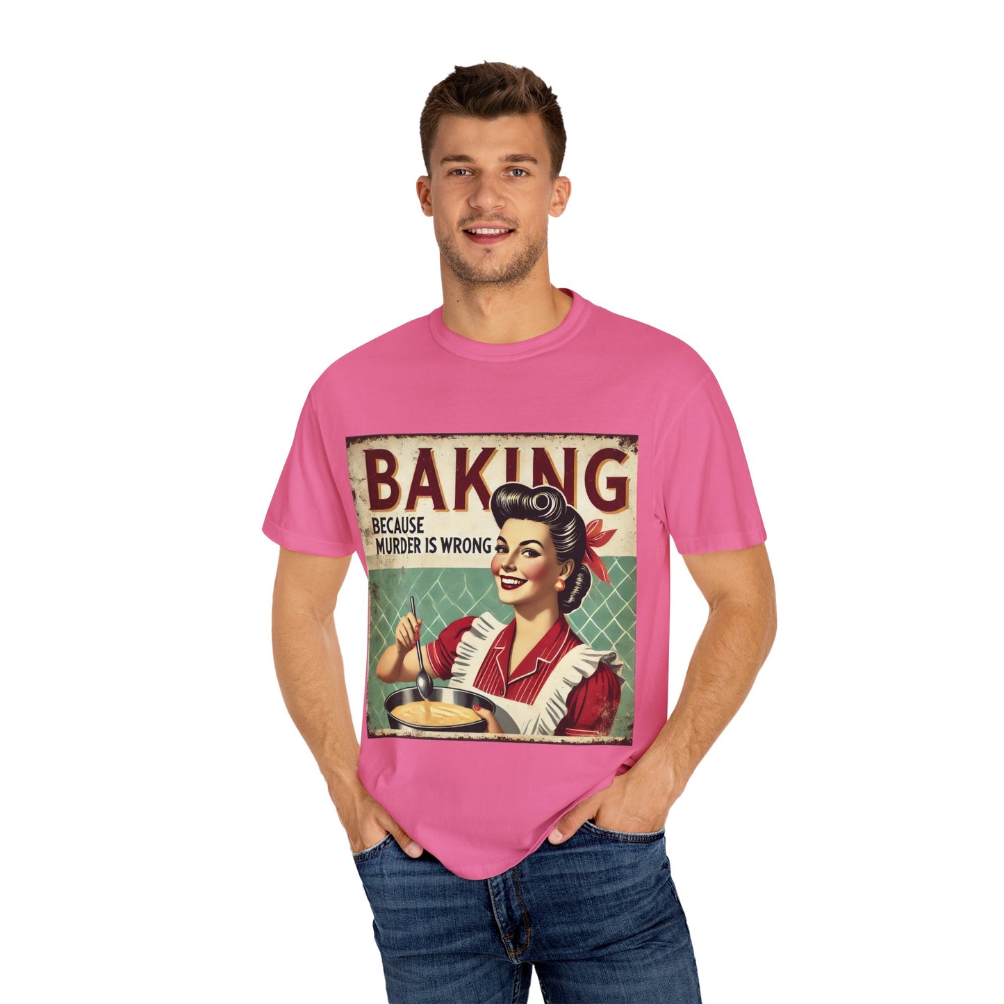 Retro Baking Humor T-shirt - "Baking Because Murder is Wrong"