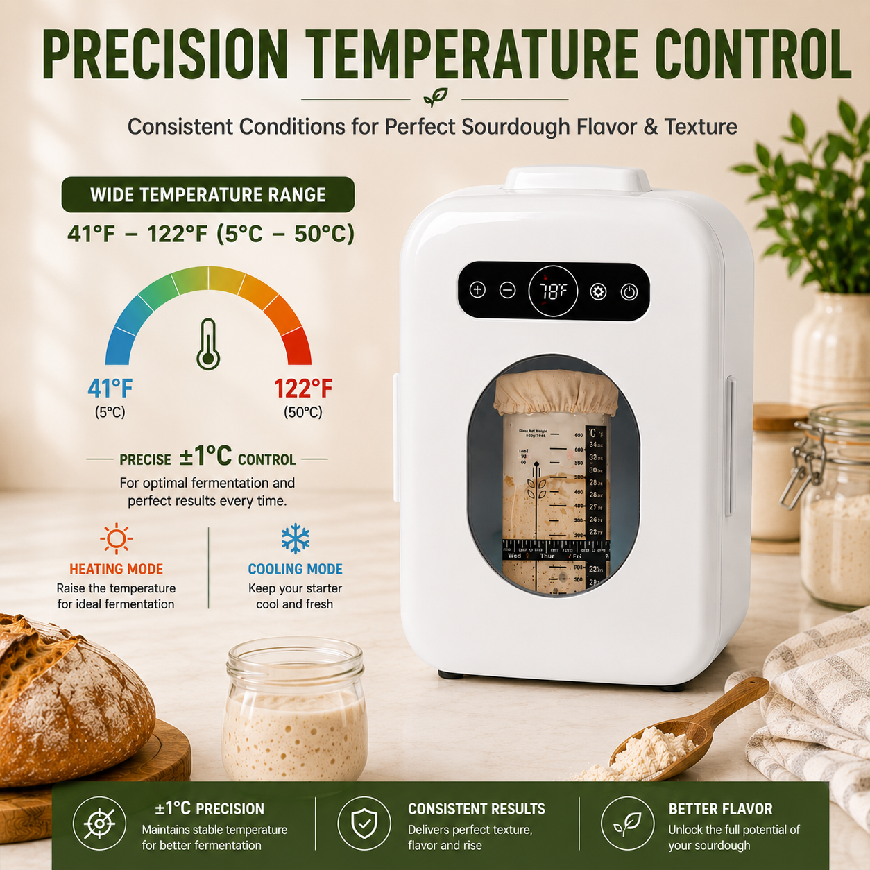 Sourdough Starter Home with Viewing Window – Precise 41°F–122°F Temperature Control, 10L Capacity, Quiet & Energy-Efficient Fermentation Chamber for Perfect Sourdough