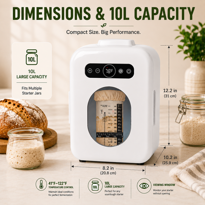Sourdough Starter Home with Viewing Window – Precise 41°F–122°F Temperature Control, 10L Capacity, Quiet & Energy-Efficient Fermentation Chamber for Perfect Sourdough