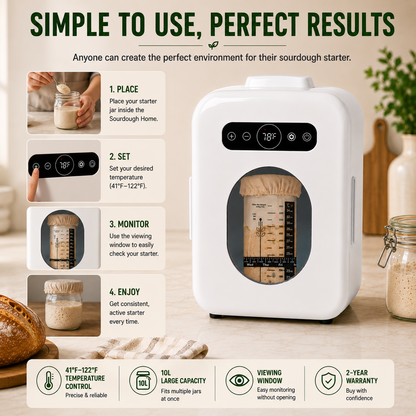 Sourdough Starter Home with Viewing Window – Precise 41°F–122°F Temperature Control, 10L Capacity, Quiet & Energy-Efficient Fermentation Chamber for Perfect Sourdough