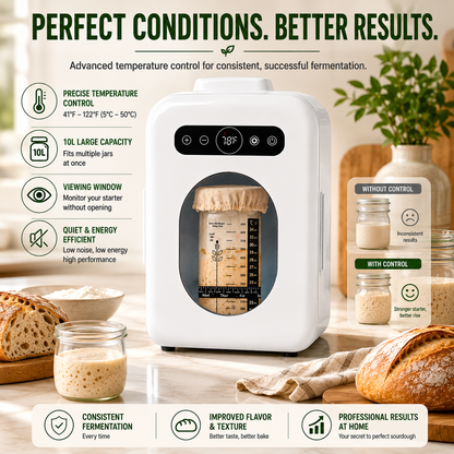 Sourdough Starter Home with Viewing Window – Precise 41°F–122°F Temperature Control, 10L Capacity, Quiet & Energy-Efficient Fermentation Chamber for Perfect Sourdough