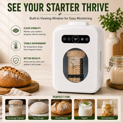 Sourdough Starter Home with Viewing Window – Precise 41°F–122°F Temperature Control, 10L Capacity, Quiet & Energy-Efficient Fermentation Chamber for Perfect Sourdough