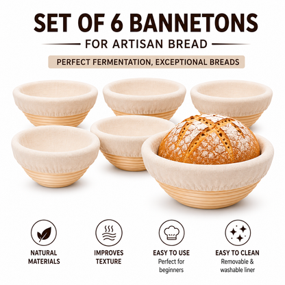 6 Pack 5-Inch Banneton Bread Proofing Baskets with Cotton Liners – Natural Rattan Sourdough Proofing Bowls for Artisan Bread Baking
