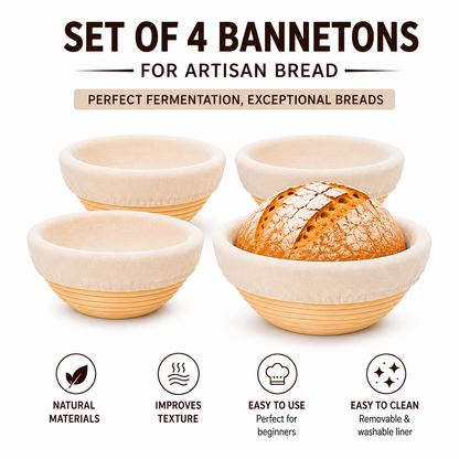 4 Pack 5-Inch Banneton Bread Proofing Baskets with Cotton Liners – Natural Rattan Sourdough Proofing Bowls for Artisan Bread Baking (Copia)