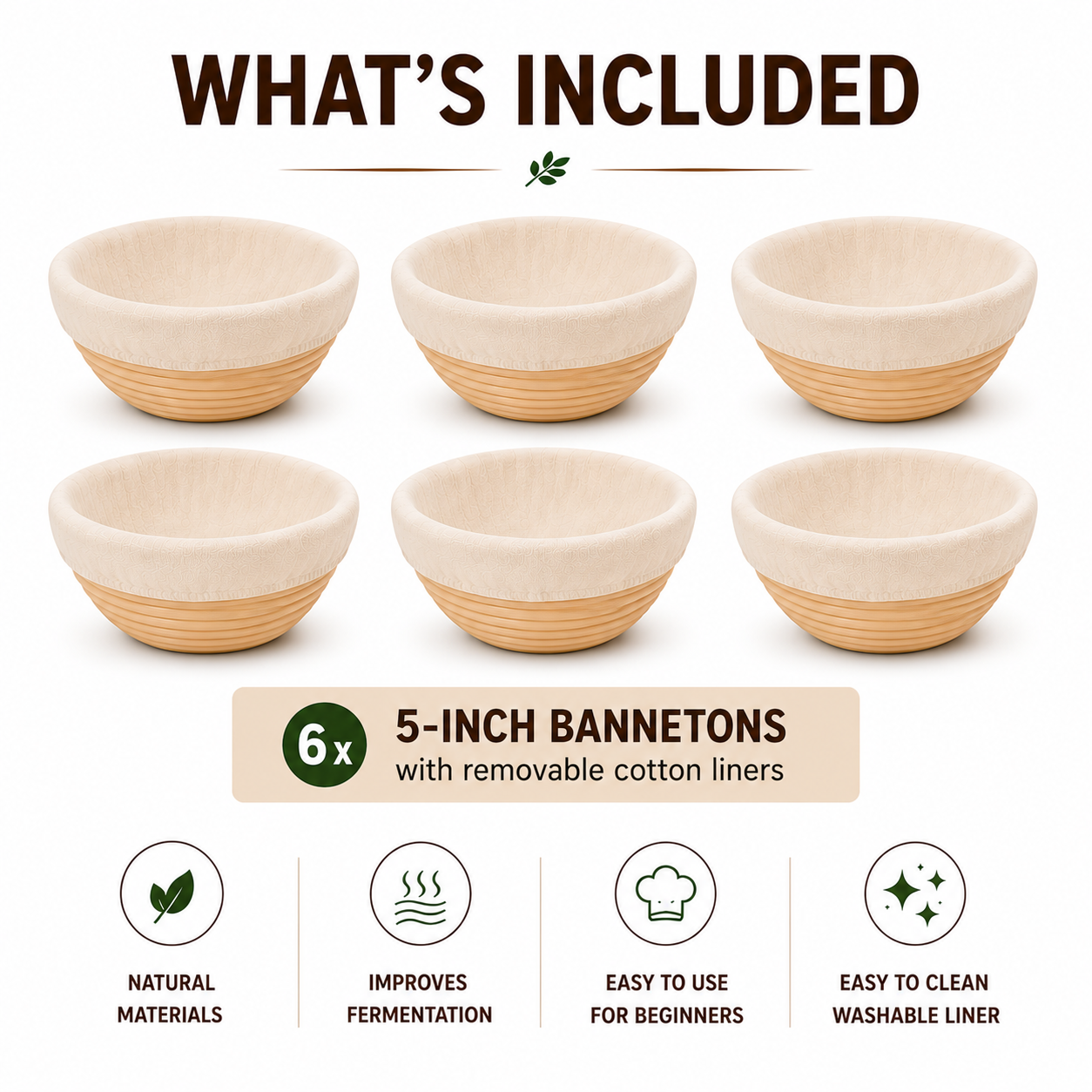 6 Pack 5-Inch Banneton Bread Proofing Baskets with Cotton Liners – Natural Rattan Sourdough Proofing Bowls for Artisan Bread Baking