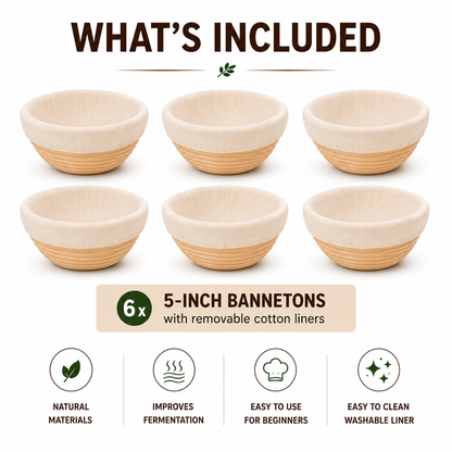 6 Pack 5-Inch Banneton Bread Proofing Baskets with Cotton Liners – Natural Rattan Sourdough Proofing Bowls for Artisan Bread Baking