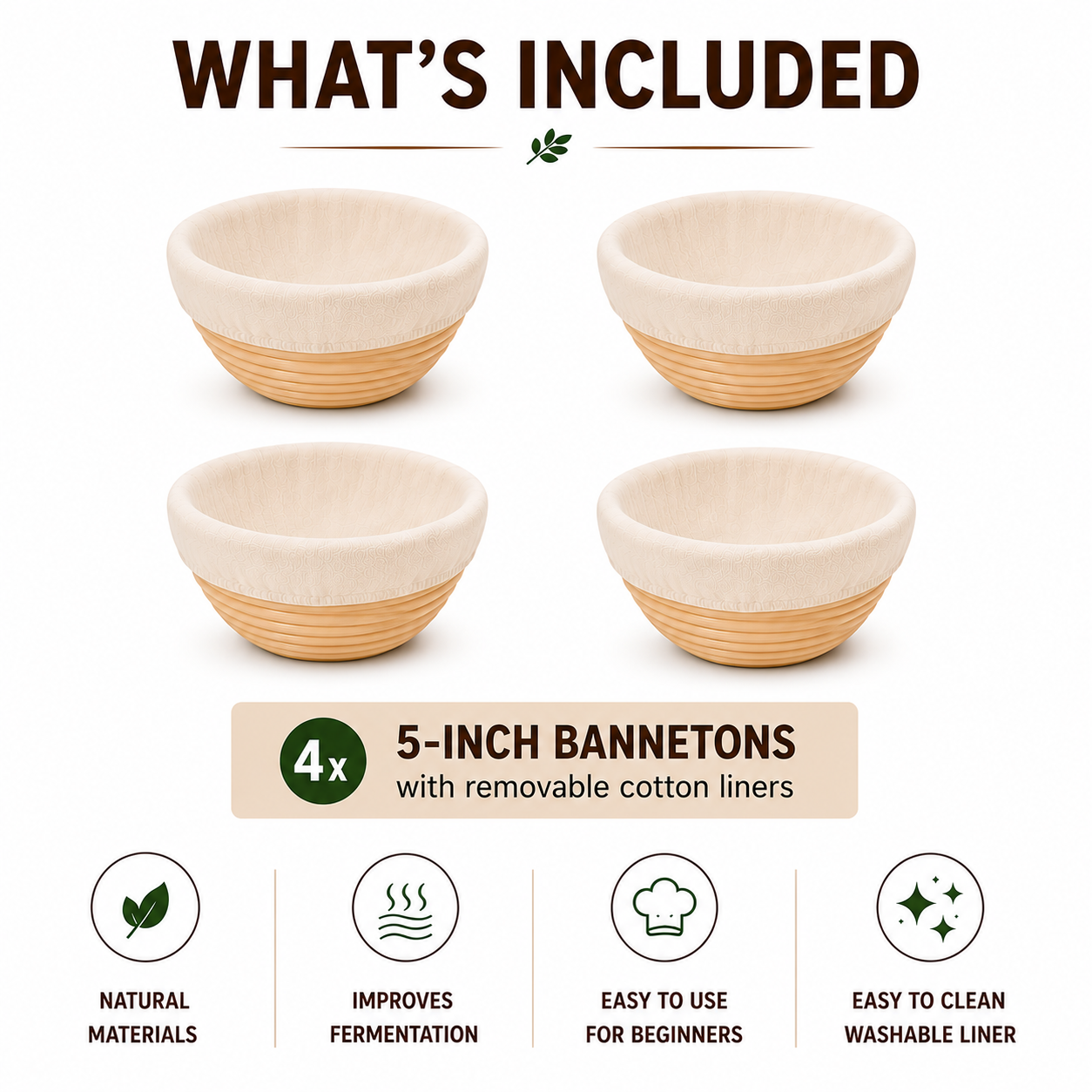4 Pack 5-Inch Banneton Bread Proofing Baskets with Cotton Liners – Natural Rattan Sourdough Proofing Bowls for Artisan Bread Baking (Copia)