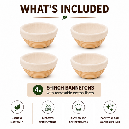 4 Pack 5-Inch Banneton Bread Proofing Baskets with Cotton Liners – Natural Rattan Sourdough Proofing Bowls for Artisan Bread Baking (Copia)