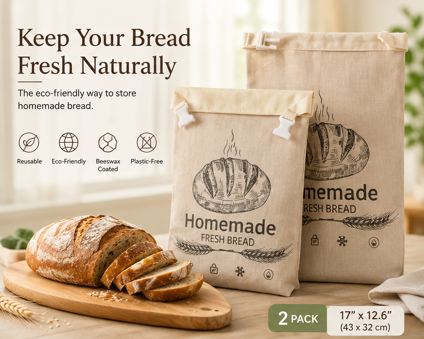 Premium 2-Pack Beeswax Bread Bags for Sourdough – Organic Linen Bread Storage Bags, Reusable, Plastic-Free, Keeps Bread Fresh Longer, Freezer Safe