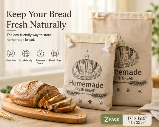 Premium 2-Pack Beeswax Bread Bags for Sourdough – Organic Linen Bread Storage Bags, Reusable, Plastic-Free, Keeps Bread Fresh Longer, Freezer Safe