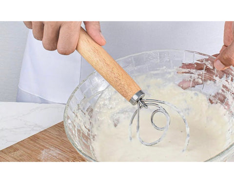 13" Danish Dough Whisk Hand Mixer for Bread, Cookie, Dumpling or Pizza. Made of high quality stainless steel and wood.